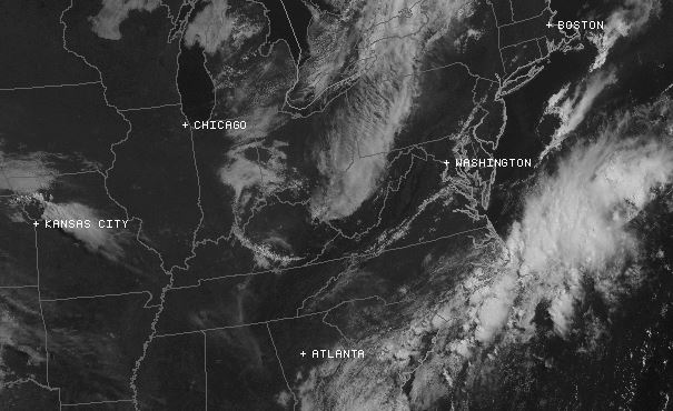 Satellite imagery showing mostly clear skies over our region and the approaching cold front. (Simuawips)